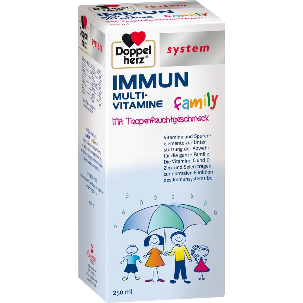 Verpackung von Doppelherz Immun-Multivitamine mit tropischem Geschmack, 250 ml.