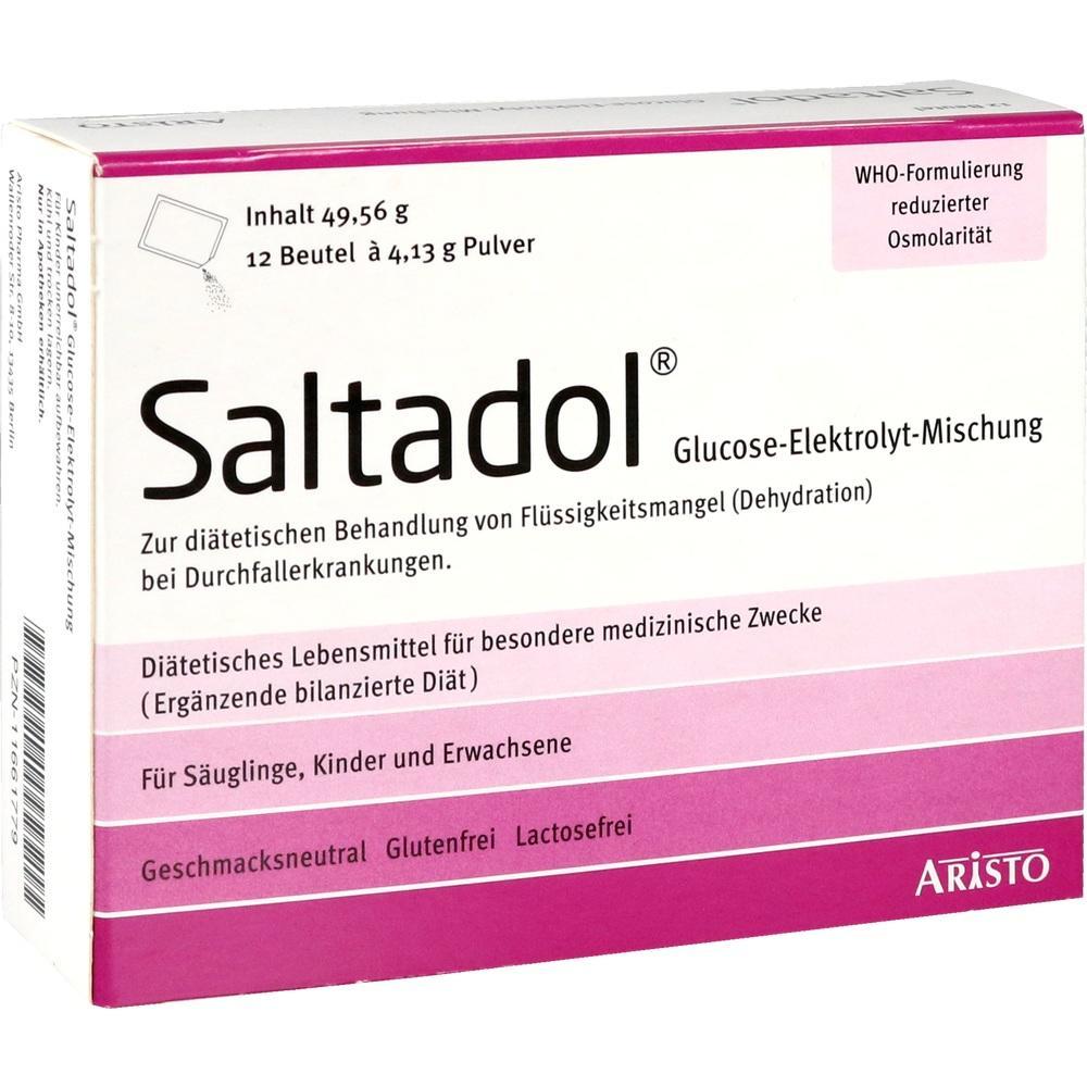 Eine Packung Saltadol zur Behandlung von Fl&uuml;ssigkeitsmangel und Durchfall.
