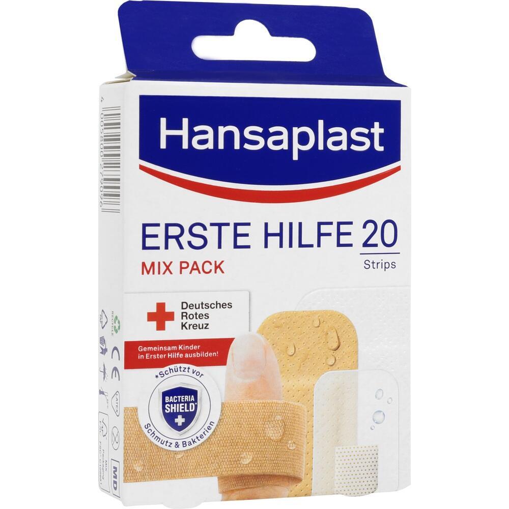 Eine Packung Pflaster mit 20 Streifen von Hansaplast, unterst&uuml;tzt vom Deutschen Roten Kreuz.