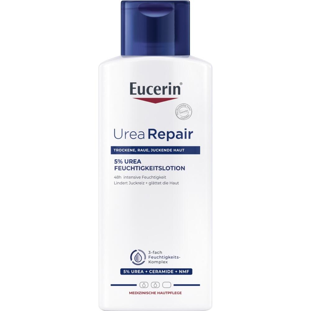 Weiße Flasche mit blauer Kappe enthält Eucerin UreaRepair Feuchtigkeitslotion.