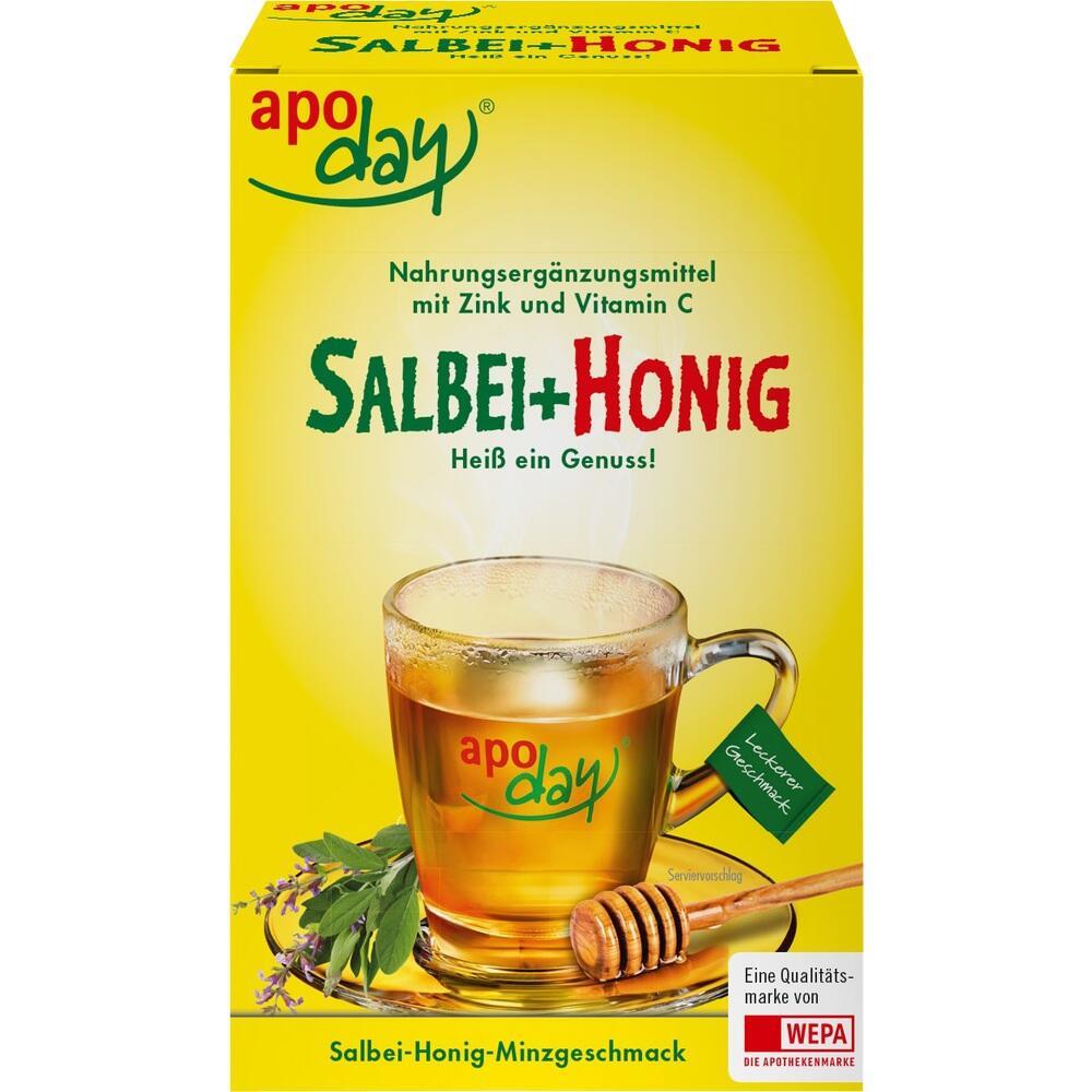 Gelbe Schachtel mit Salbei-Honig Tee und einer dampfenden Tasse.