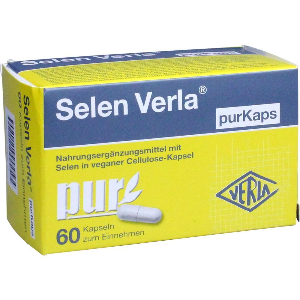 Eine gelbe Packung mit 60 Selen-Kapseln als Nahrungserg&auml;nzungsmittel.