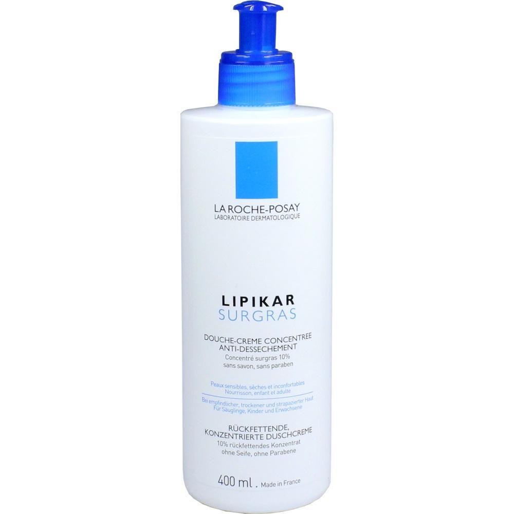 Weiße Flasche mit blauem Pumpverschluss und der Aufschrift "Lipikar Surgras".