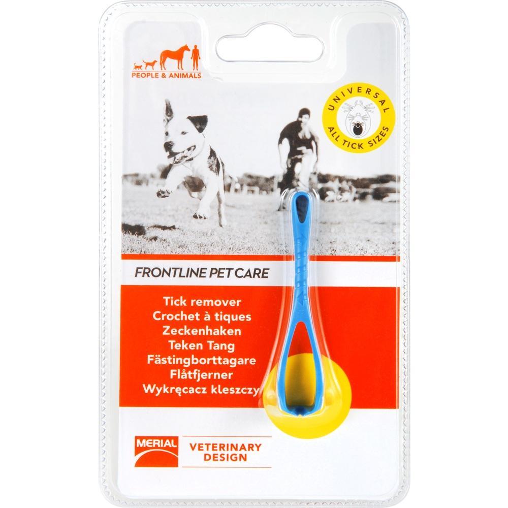Verpackung eines blauen Zeckenhakens mit Bild von einem Hund und einem Menschen im Hintergrund.
