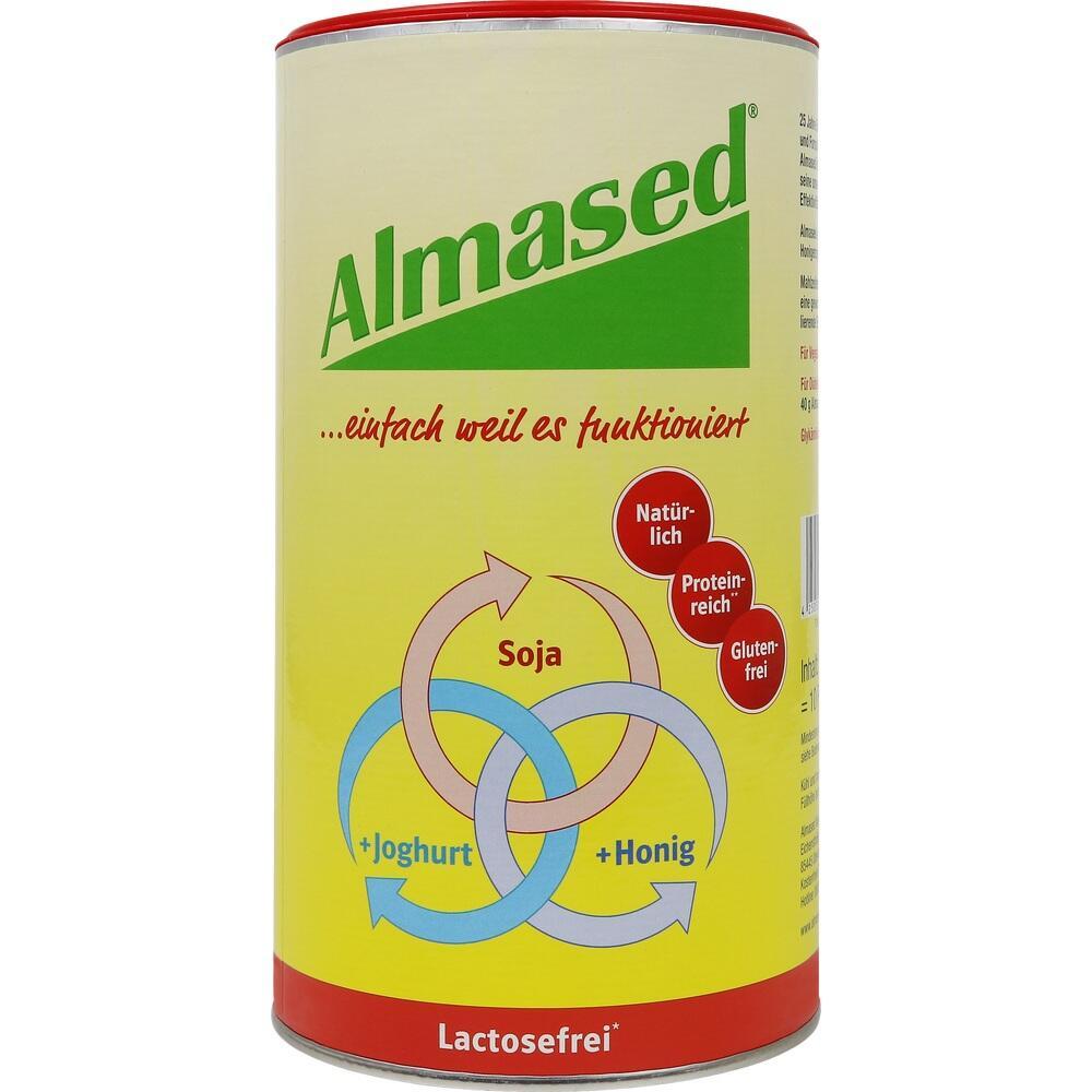 Eine gelbe Dose Almased mit Diagramm und Infos zu Inhaltsstoffen.
