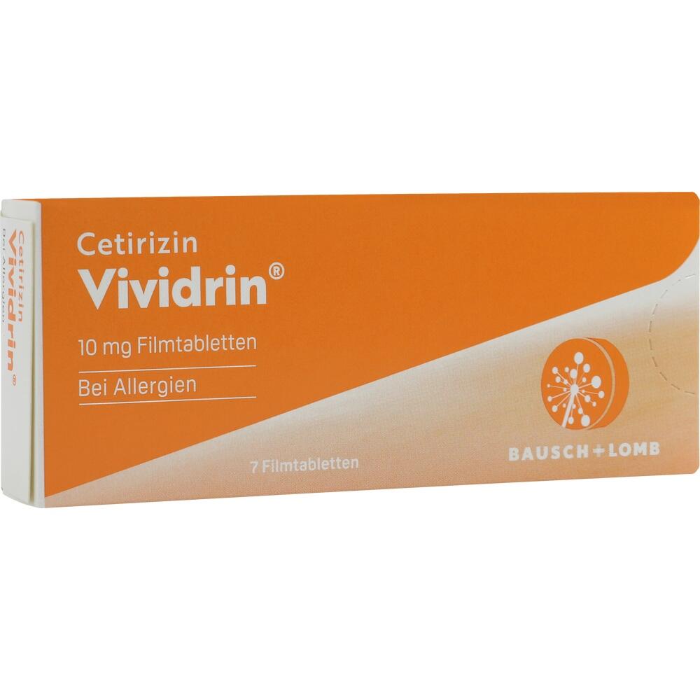 Orange Schachtel eines Allergiemedikaments mit 7 Filmtabletten.