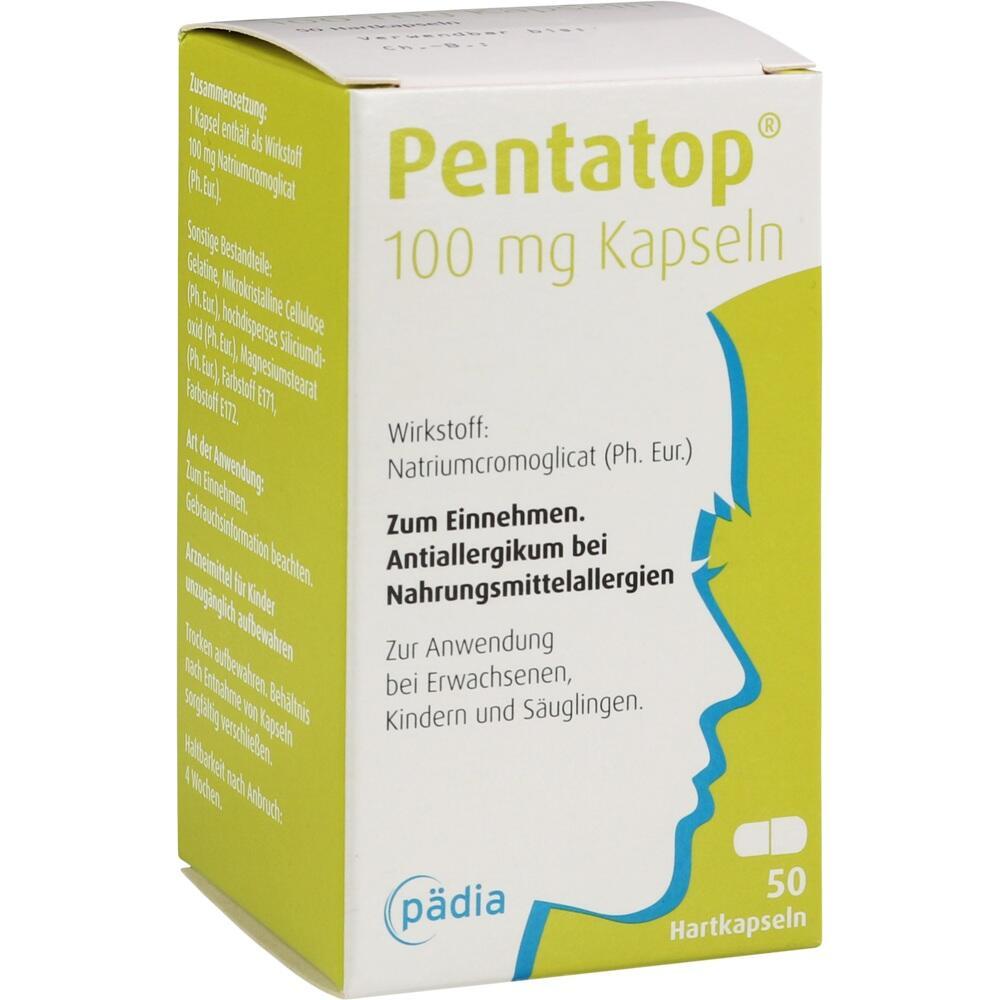 Verpackung von Pentatop 100 mg Kapseln, ein Medikament gegen Nahrungsmittelallergien.