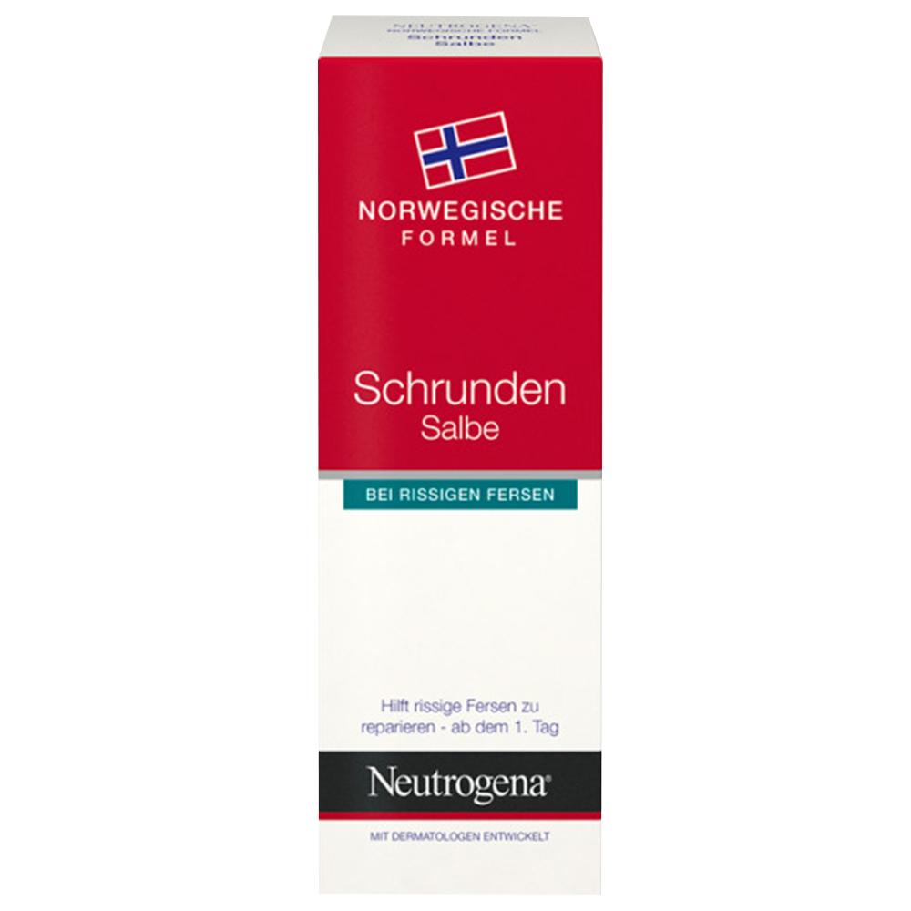 Rote und weiße Verpackung einer Schrundensalbe für rissige Fersen.