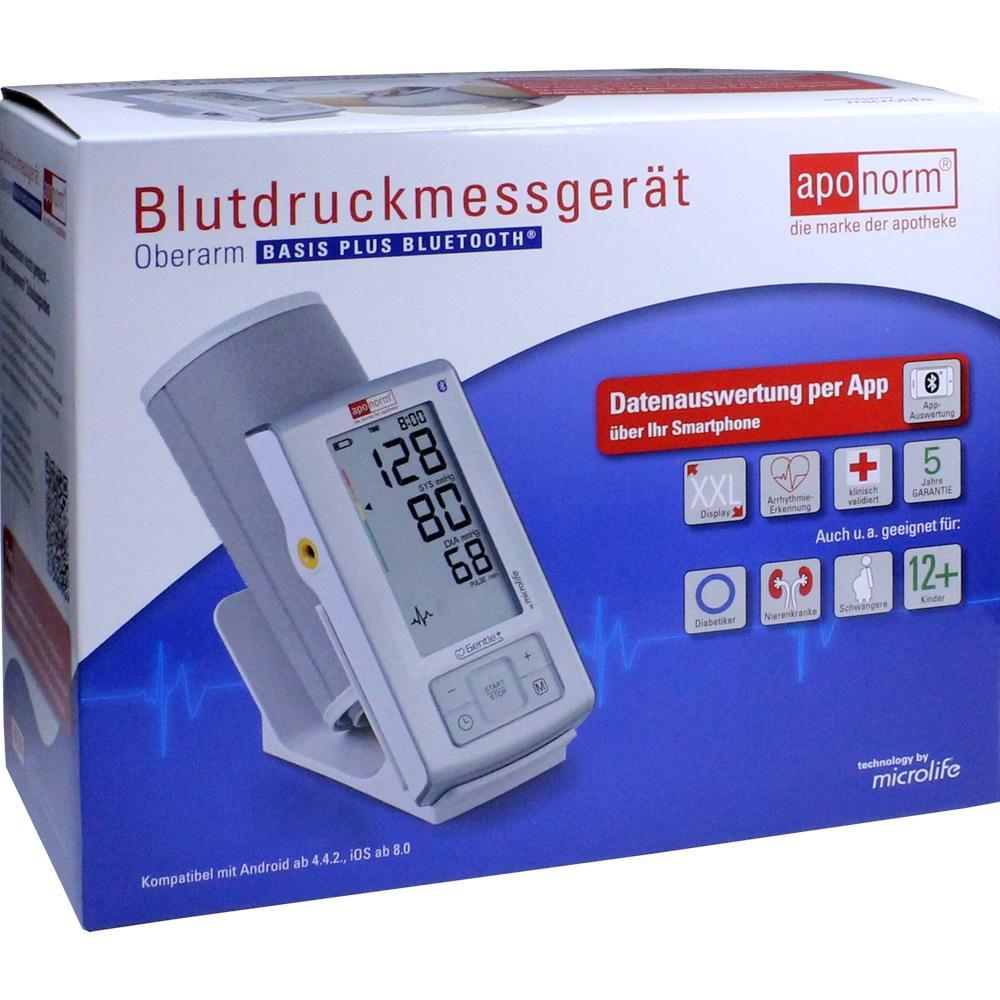 Verpackung eines Blutdruckmessgeräts mit Smartphone-App-Unterstützung.