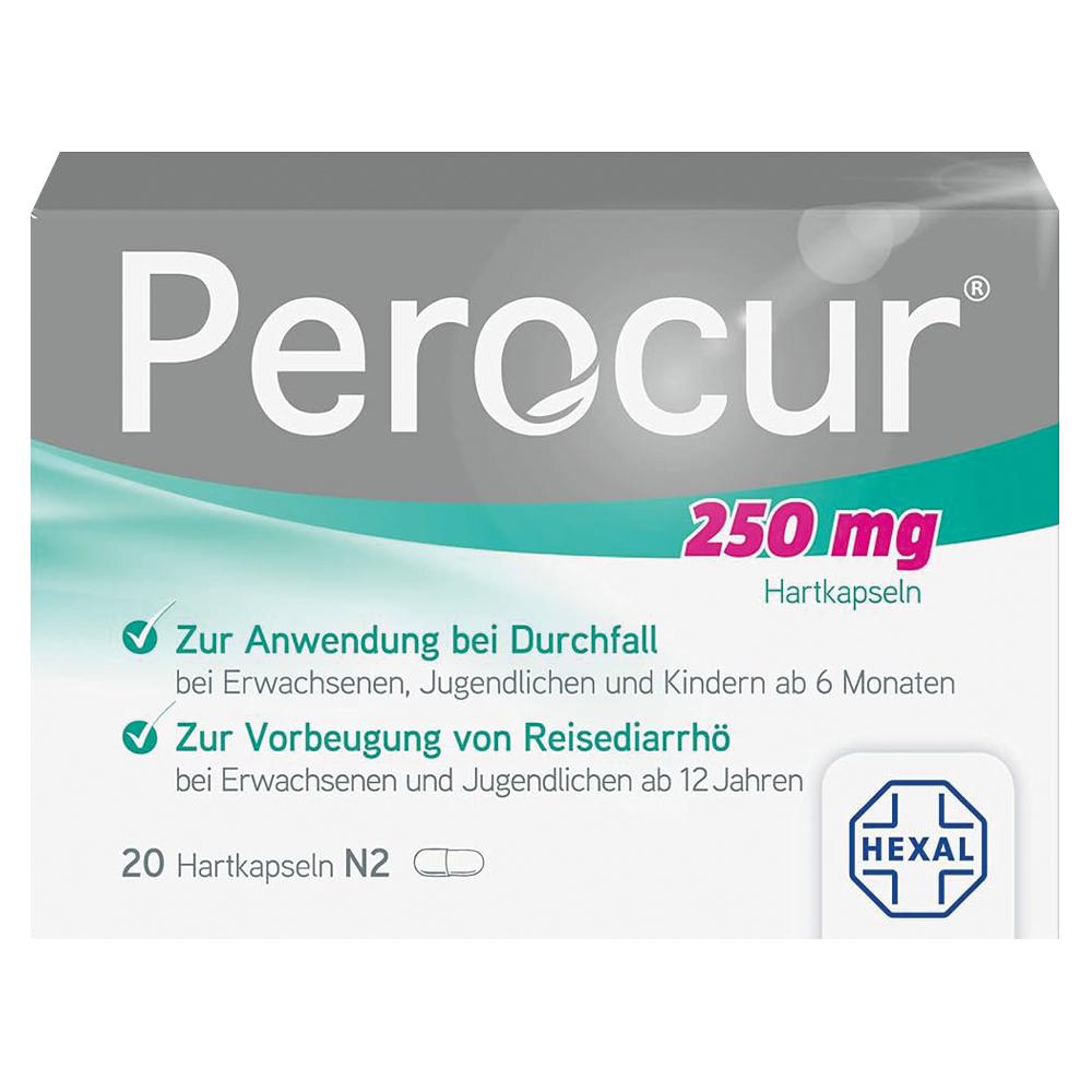 Verpackung von Perocur 250 mg Kapseln zur Anwendung bei Durchfall.