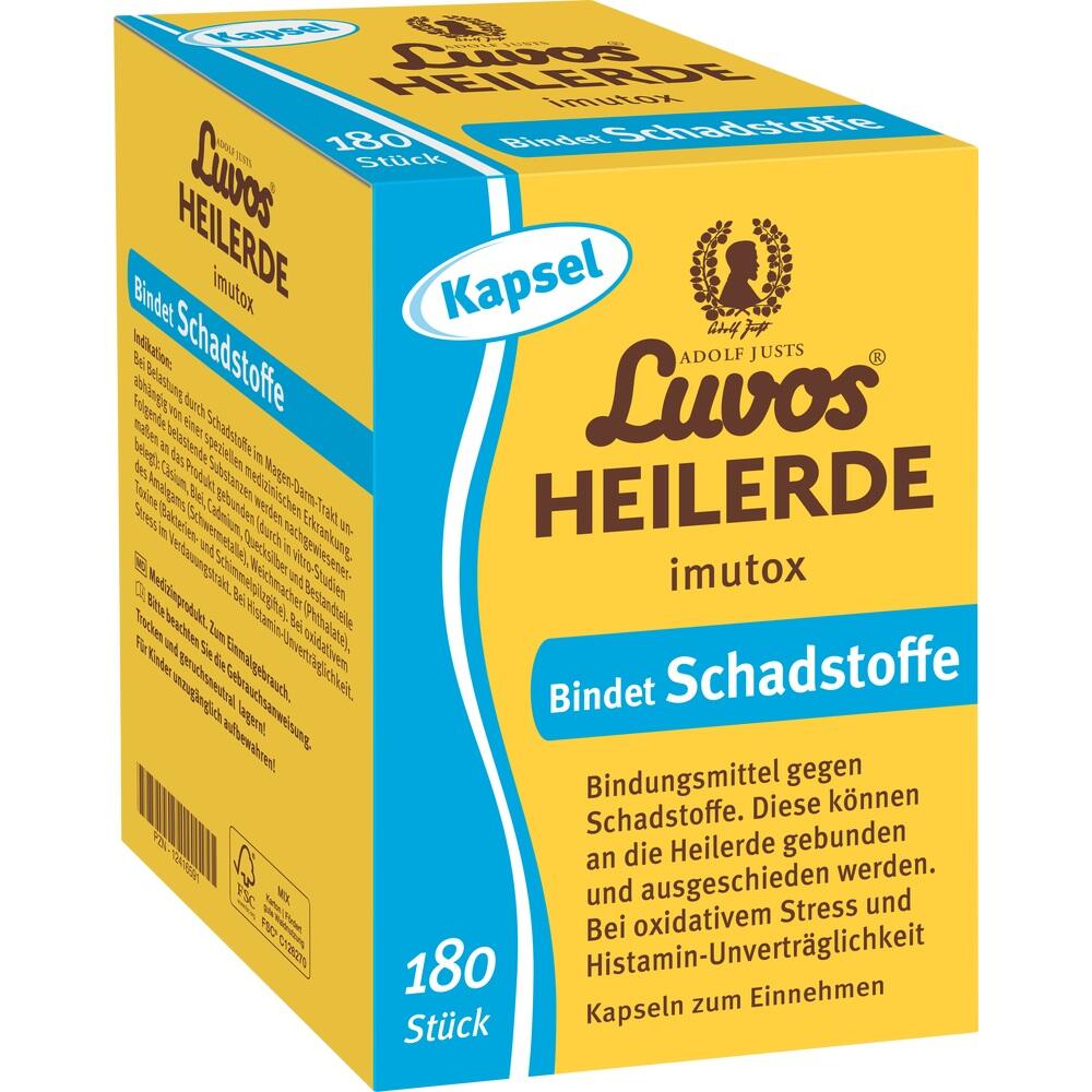 Gelbe Verpackung mit blauer Schrift von Luvos Heilerde Kapseln zur Schadstoffbindung.