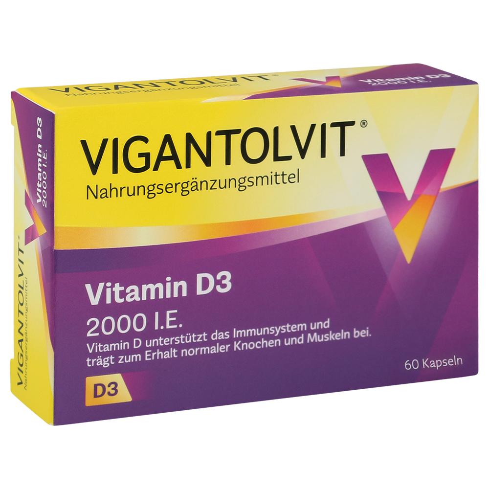 Gelbe und lila Packung eines Vitamin-D3-Nahrungserg&auml;nzungsmittels.