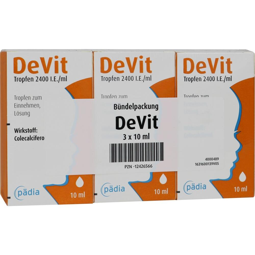 Drei Boxen mit Vitamin-D-Tropfen namens DeVit sind zu sehen.