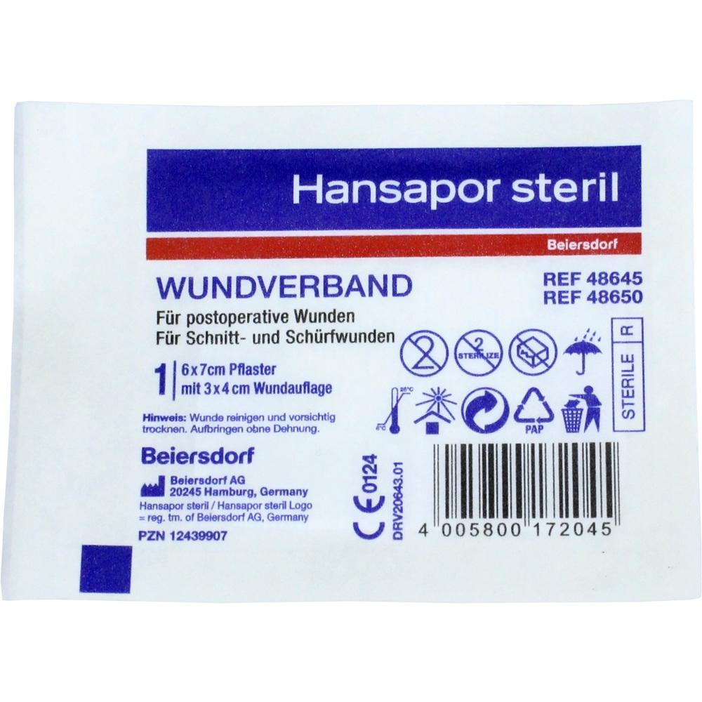 Verpackung eines sterilen Wundverbandes von Hansapor für Schnitt- und Schürfwunden.