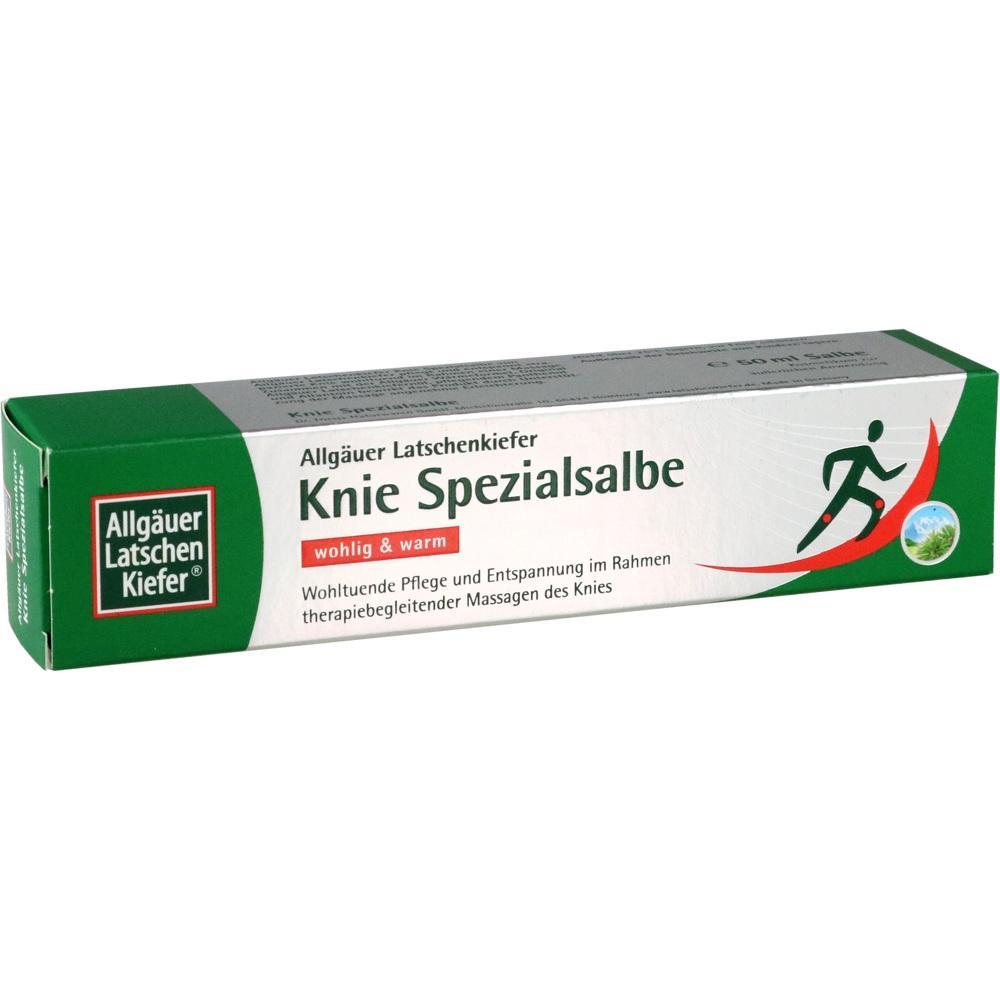 Gr&uuml;ne Verpackung einer Knie-Salbe mit Schriftzug "Allg&auml;uer Latschenkiefer".