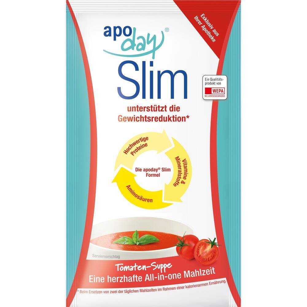 Eine Packung einer Tomatensuppe zur Unterst&uuml;tzung der Gewichtsabnahme namens "apo day Slim".