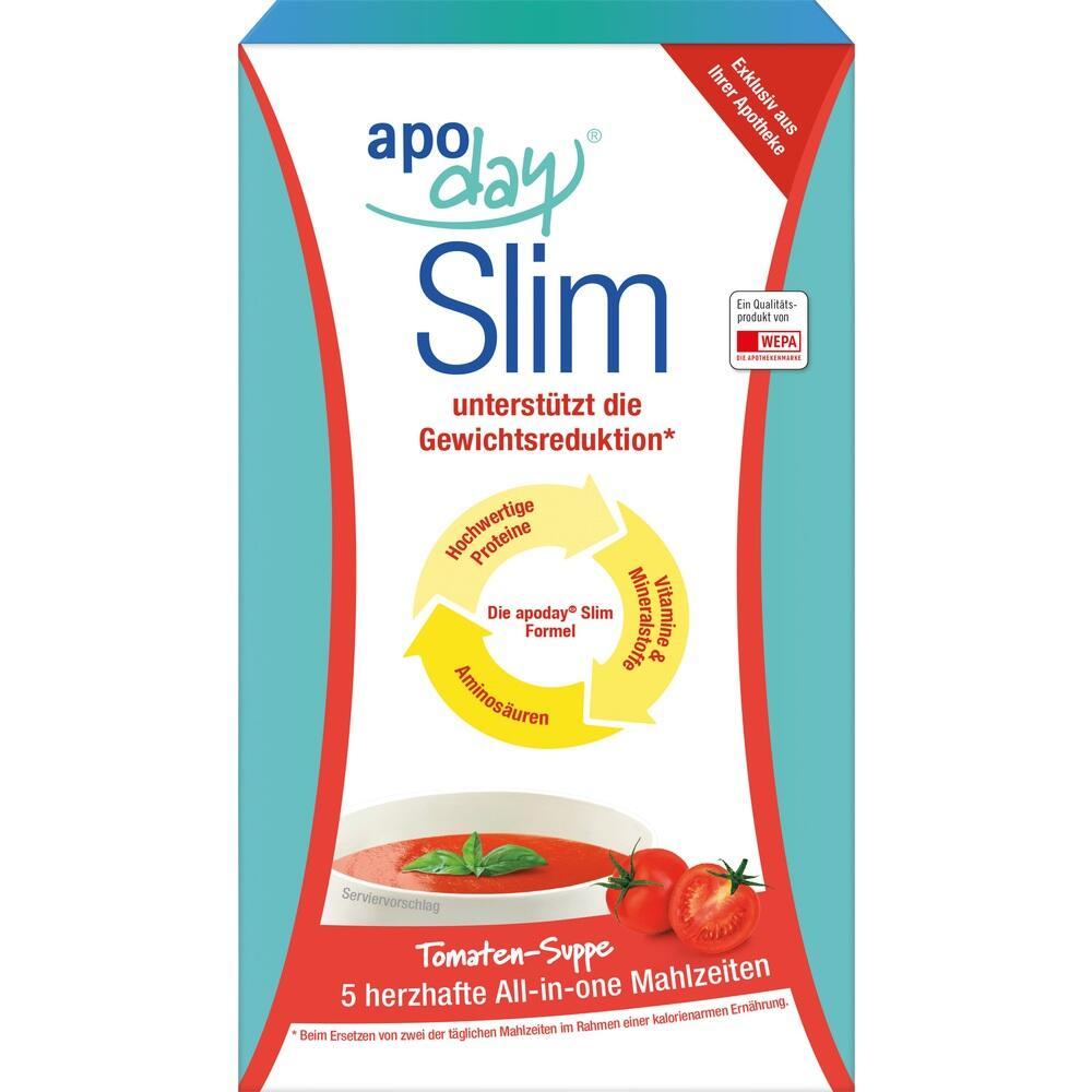 Verpackung von apoday Slim Tomatensuppe mit Angaben zur Gewichtsreduktion.