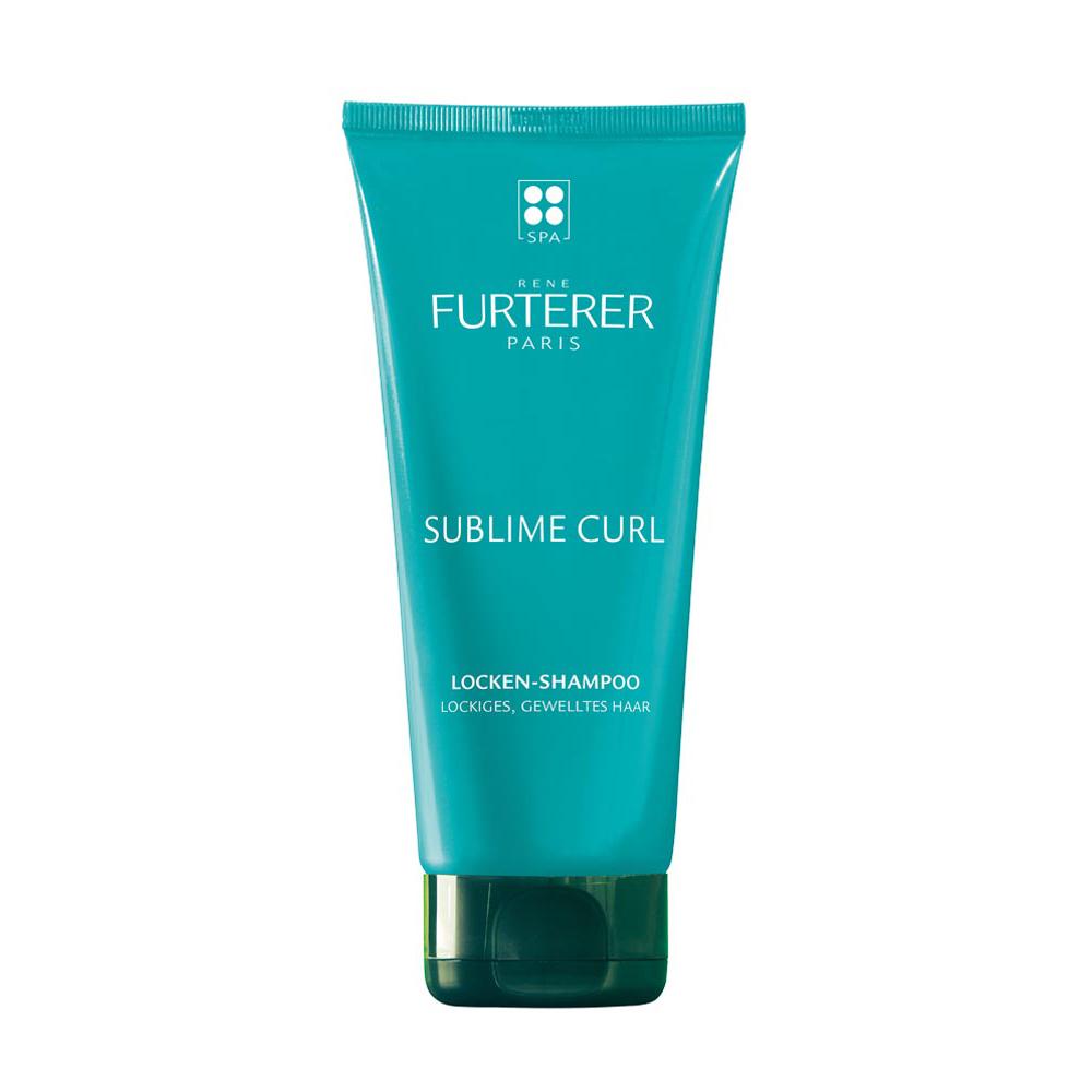 Türkisfarbene Shampoo-Flasche für lockiges Haar.