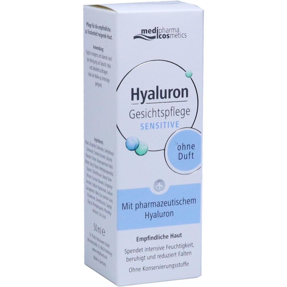 Eine Schachtel Hyaluron-Gesichtspflege f&uuml;r empfindliche Haut, ohne Duftstoffe.