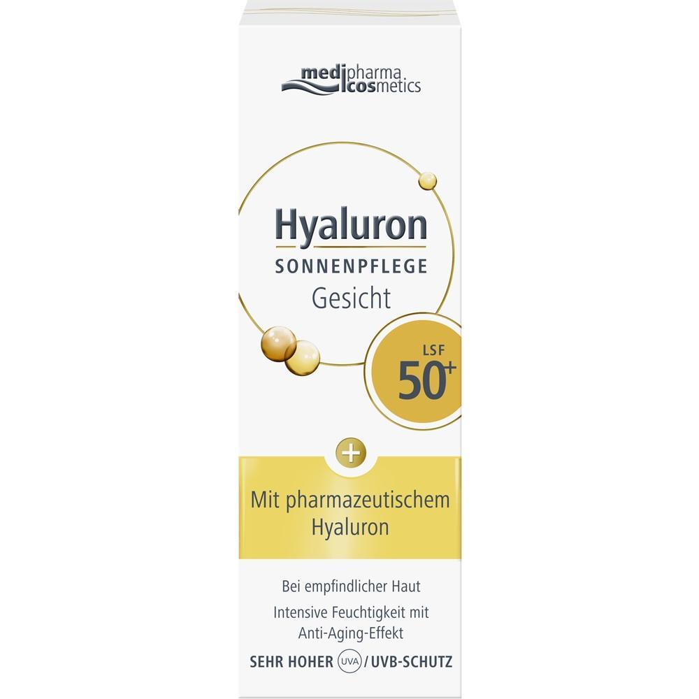 Sonnencreme f&uuml;r das Gesicht mit LSF 50+ und Hyaluron steht auf der Verpackung.