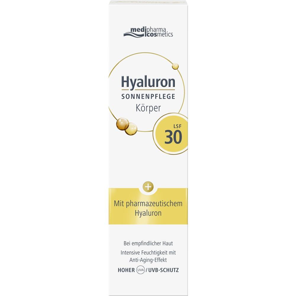 Wei&szlig;e Verpackung mit der Aufschrift "Hyaluron Sonnenpflege LSF 30" f&uuml;r empfindliche Haut.