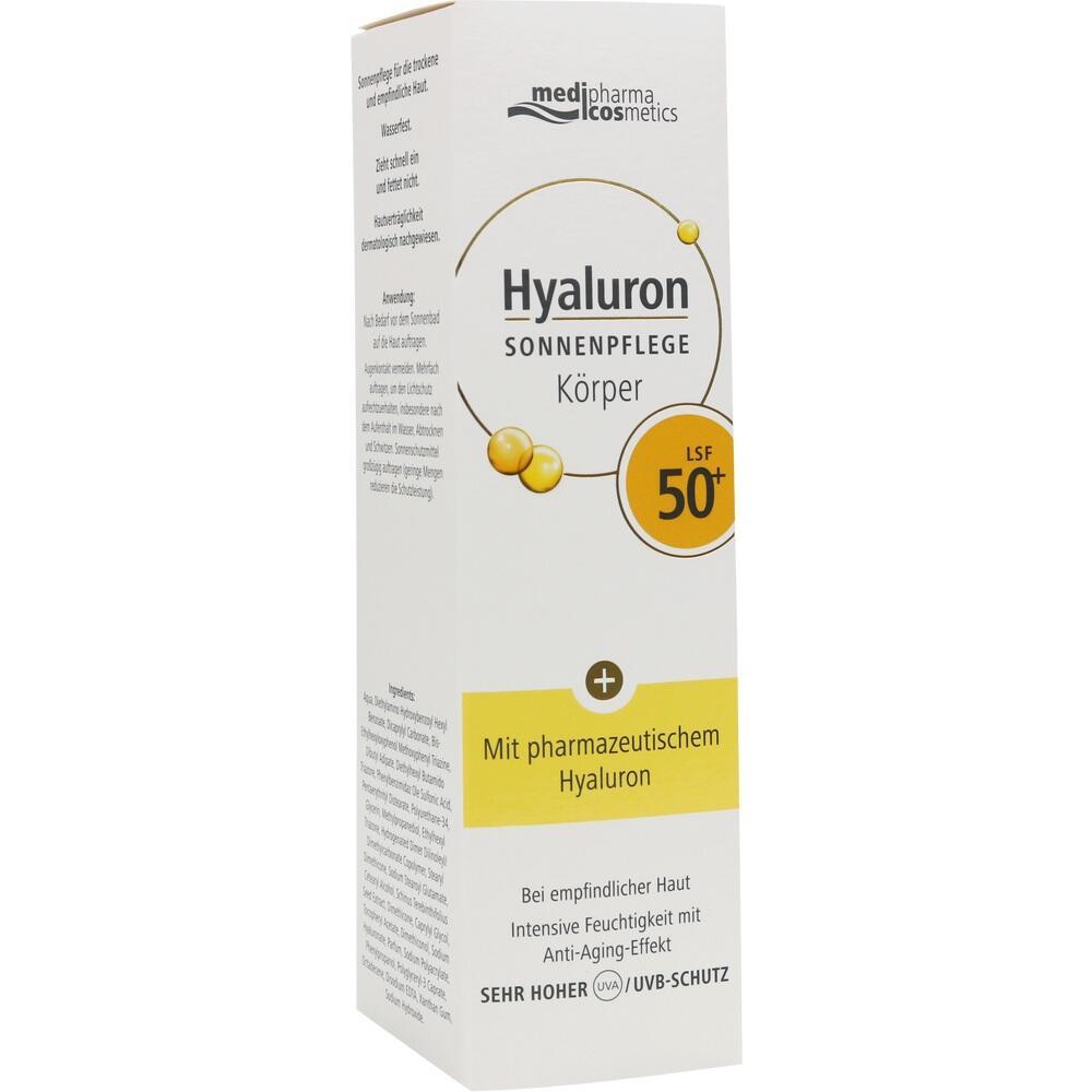 Wei&szlig;e Verpackung f&uuml;r Sonnenpflege mit LSF 50+ und Hyaluron.