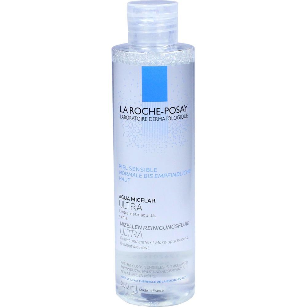 Durchsichtige Flasche eines Gesichtsreinigungsprodukts von La Roche-Posay.
