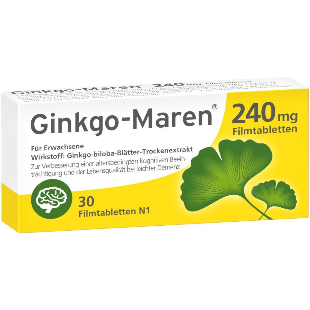 Eine Packung mit Ginkgo-Maren 240 mg Filmtabletten für Erwachsene.