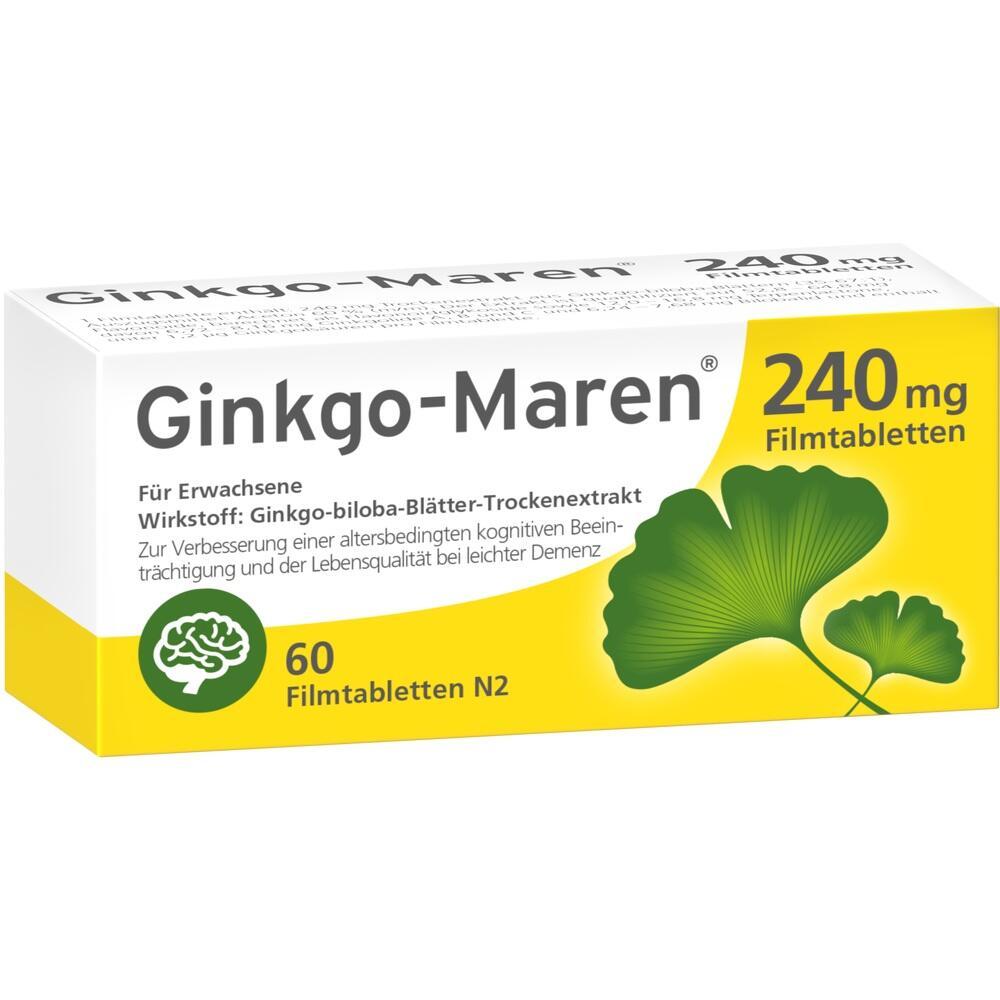 Gelbe Schachtel mit Ginkgo-Maren-Tabletten für Erwachsene gegen kognitive Beeinträchtigung.
