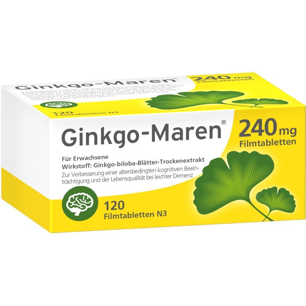 Schachtel mit Ginkgo-Maren 240 mg Filmtabletten für Erwachsene.