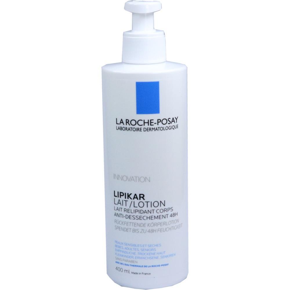Wei&szlig;e Lotionflasche mit blauem Logo und schwarzem Text.