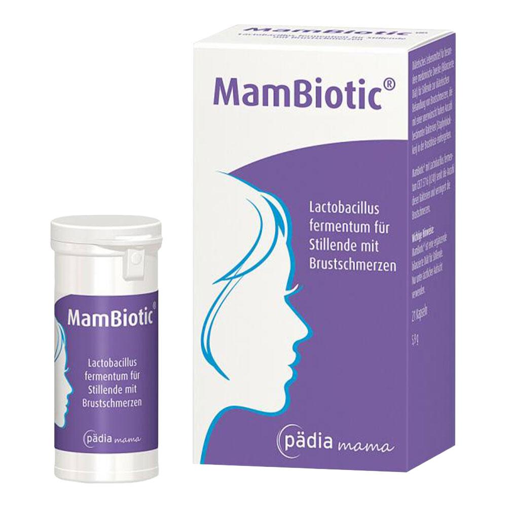 Eine Packung und ein Fl&auml;schchen MamBiotic zur Unterst&uuml;tzung stillender M&uuml;tter.