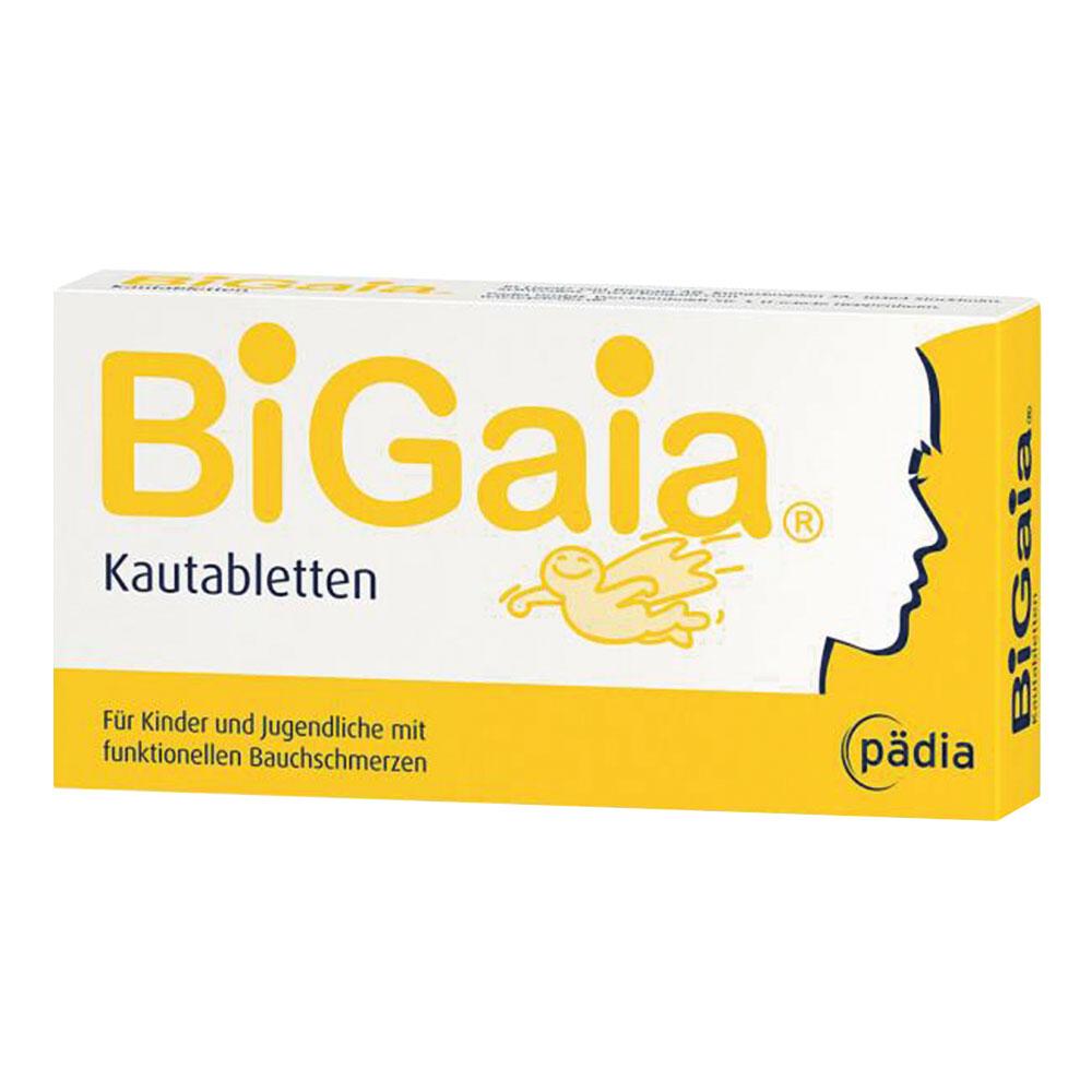 Gelbe Packung der BiGaia Kautabletten f&uuml;r Kinder mit Bauchschmerzen.