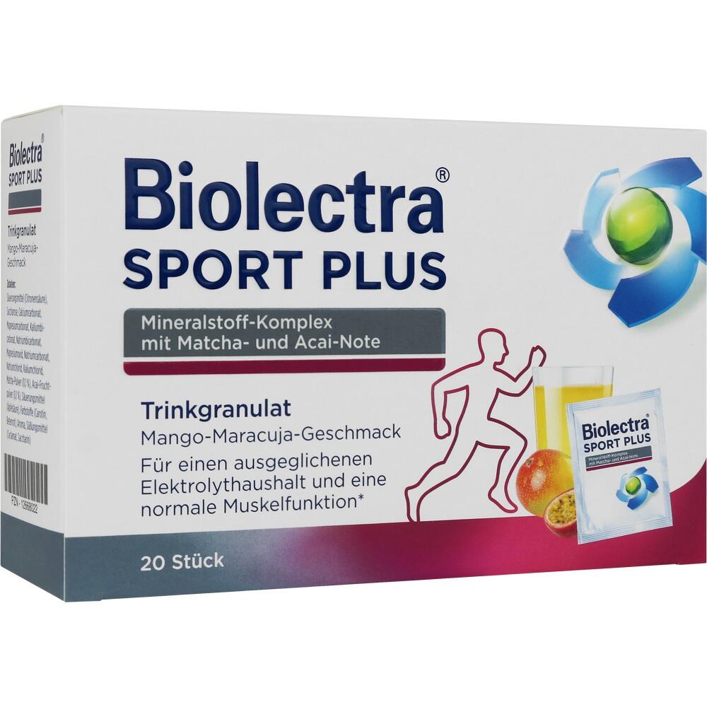 Verpackung von Biolectra Sport Plus Trinkgranulat mit Mango-Maracuja-Geschmack.