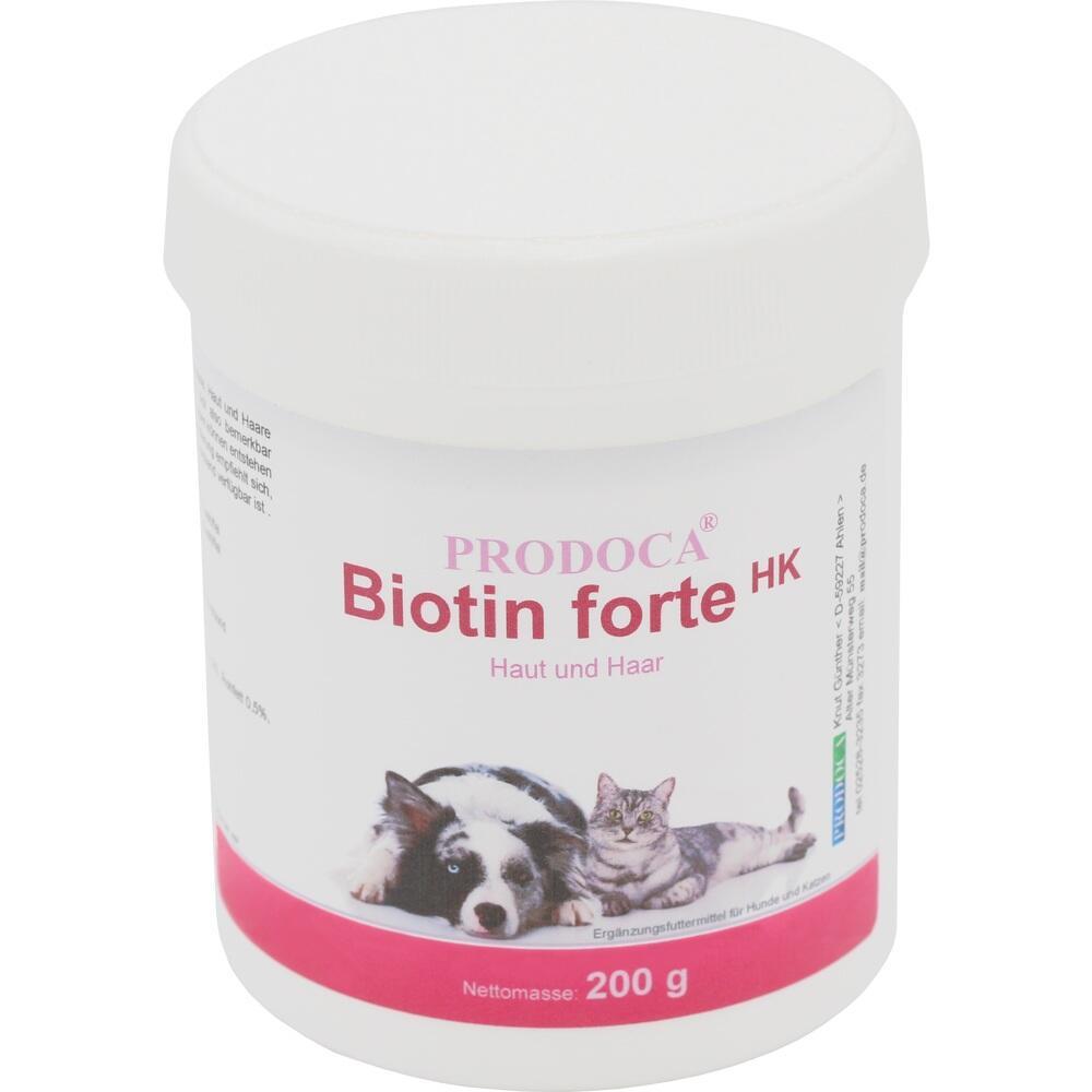 Ein wei&szlig;er Beh&auml;lter mit Hunde- und Katzenfoto, beschriftet mit "Biotin forte HK".
