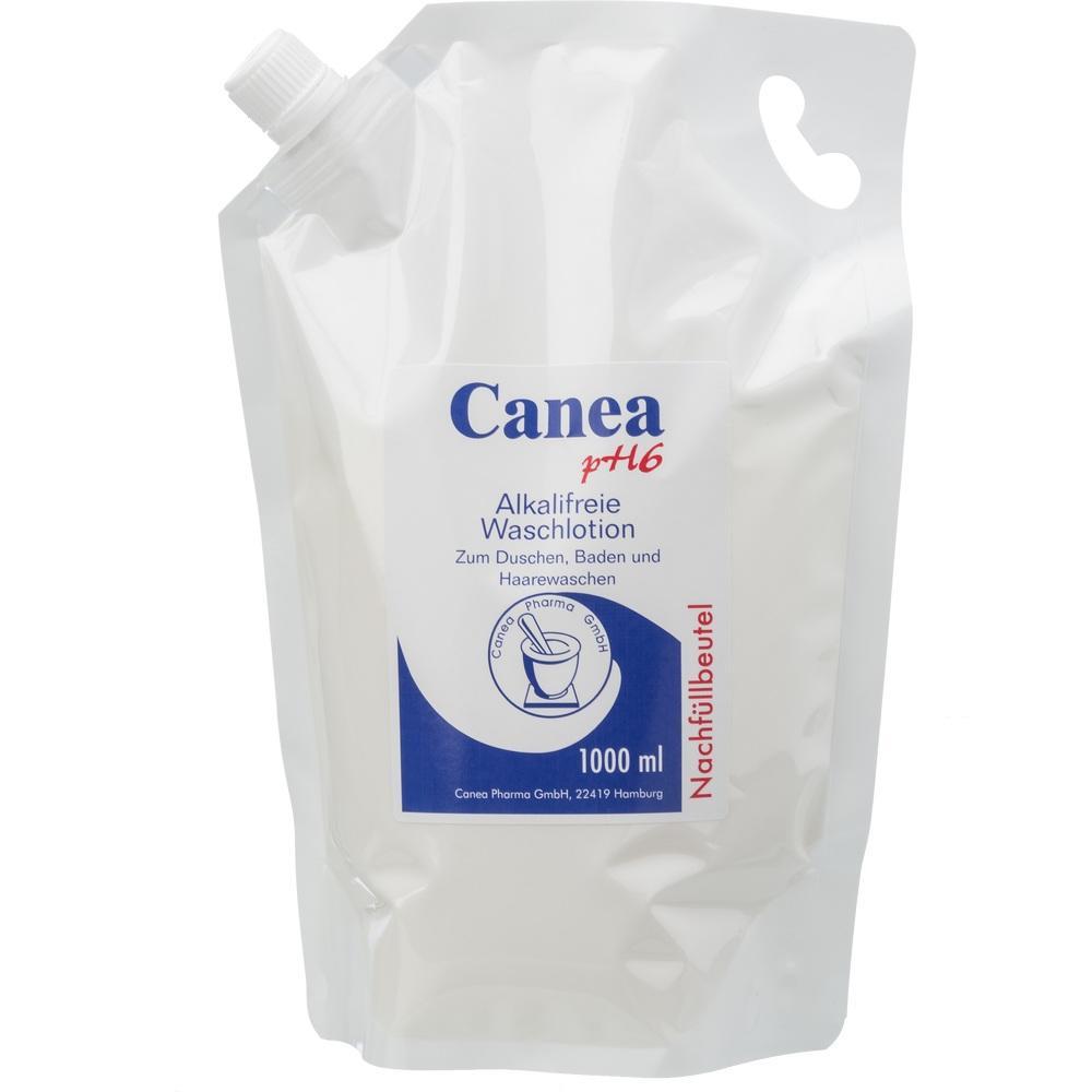 Eine weiße Nachfüllpackung mit alkalifreier Waschlotion von Canea.