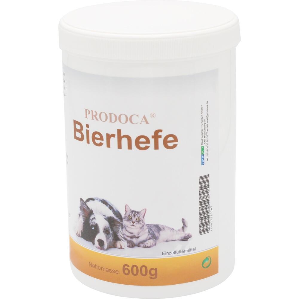 Wei&szlig;e Dose mit der Aufschrift "PRODOCA Bierhefe" und Bildern von Hund und Katze.