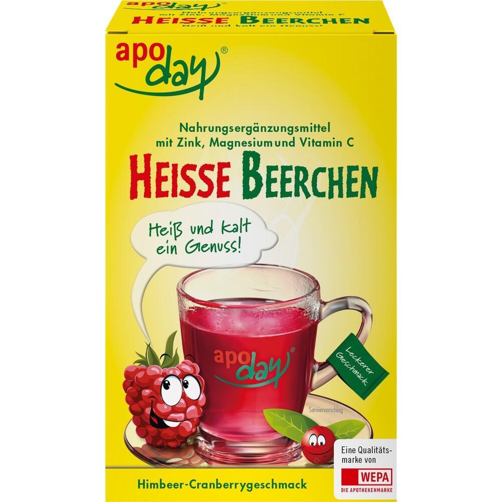 Gelbe Packung mit rotem Getränk und lachender Beere vorn drauf.
