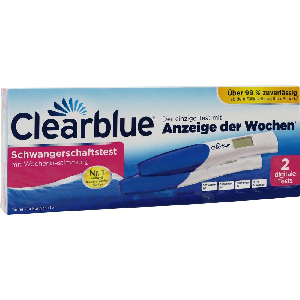 Clearblue Schwangerschaftstest-Packung mit zwei digitalen Tests zur Wochenbestimmung.