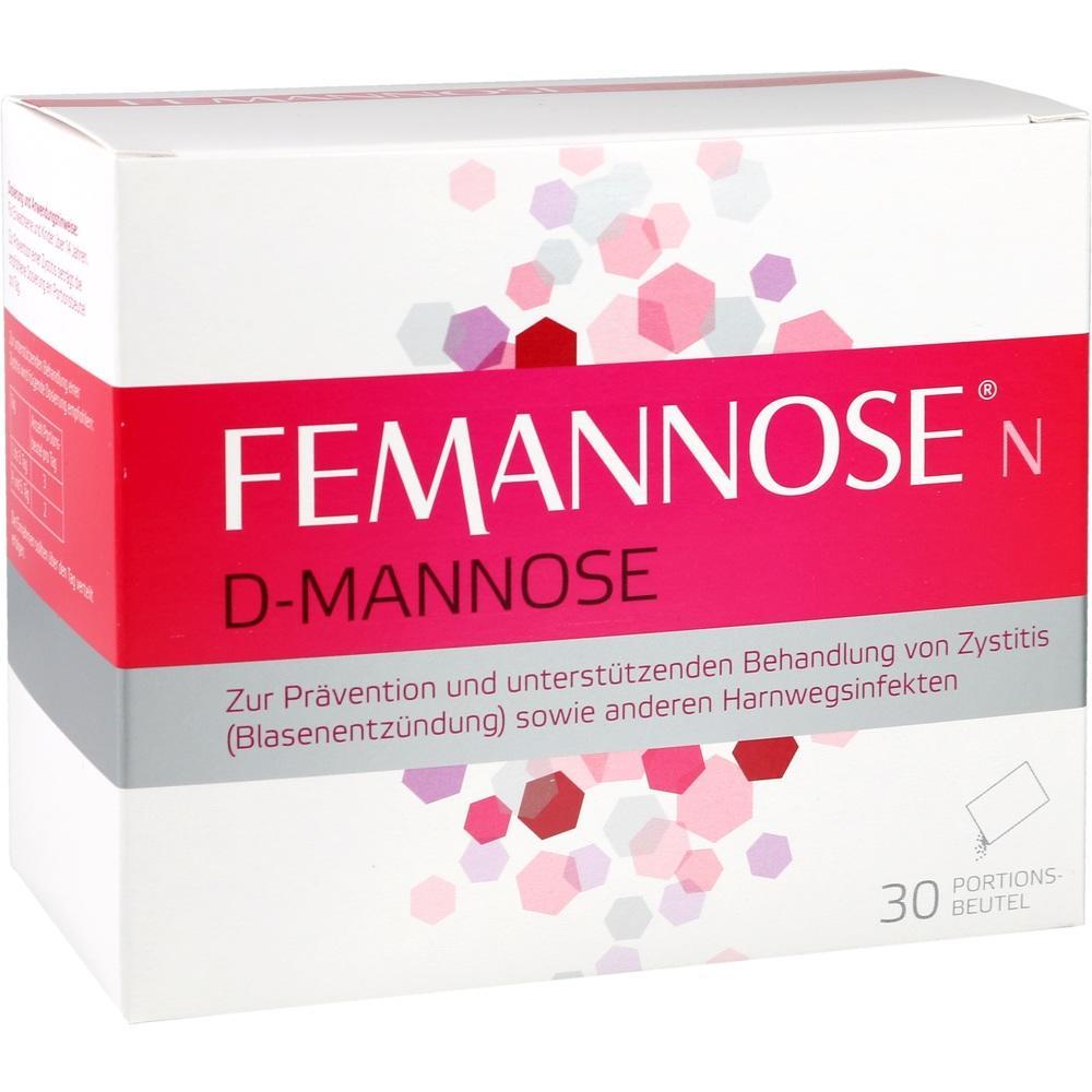 Weiße Packung mit dem Text "Femannose N" und rosa grafischen Mustern.