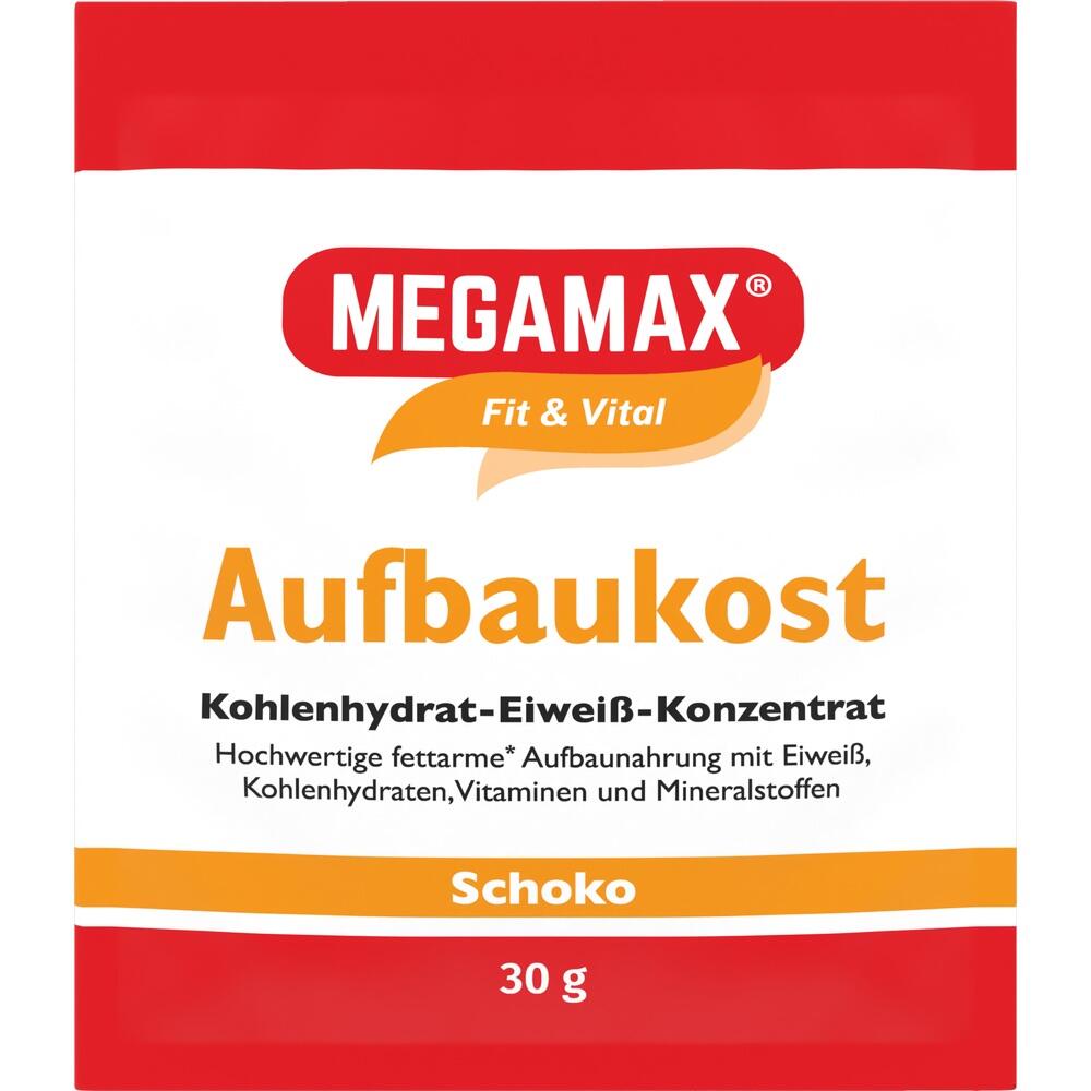 Weiße Verpackung mit rotem und gelbem Text: Aufbaukost Schoko, 30g.