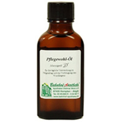 Braune Flasche mit Pflegeöl und einem Etikett auf der Vorderseite.