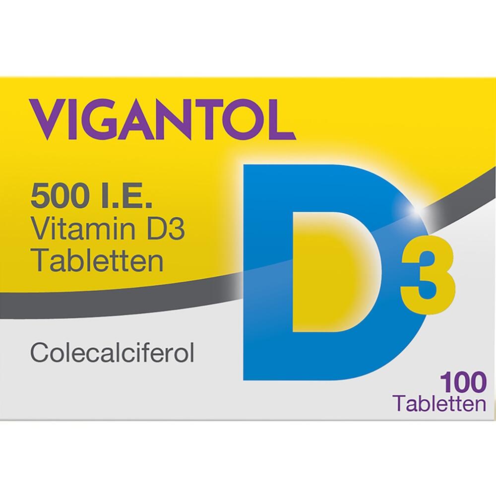Gelbe Medikamentenpackung mit Vitamin-D3-Tabletten von Vigantol.