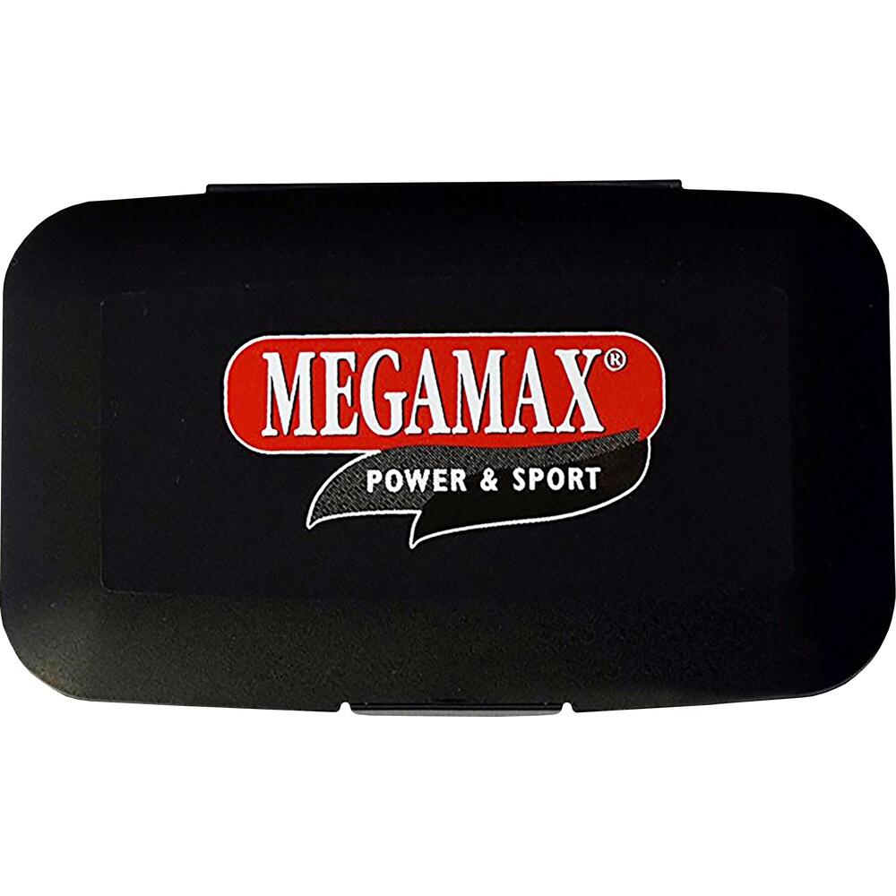 Schwarze Dose mit rotem "MEGAMAX" und Text "POWER & SPORT".