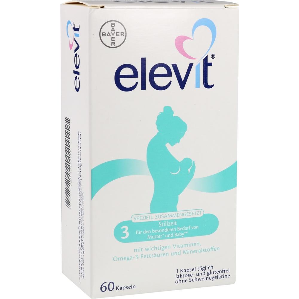 Verpackung von Elevit für stillende Mütter mit Vitaminen und Omega-3, 60 Kapseln.
