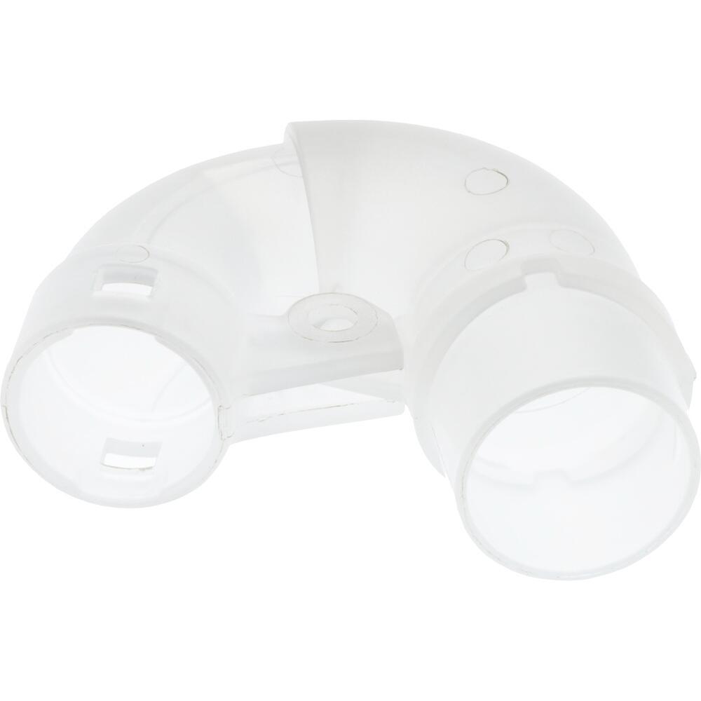 Ein weißes Plastikrohrstück mit einem 90-Grad-Winkel.