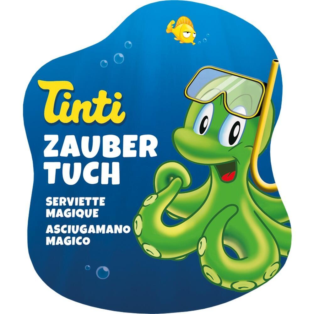 Eine grüne Cartoon-Oktopus trägt Taucherbrille, daneben steht "Tinti Zauber Tuch".
