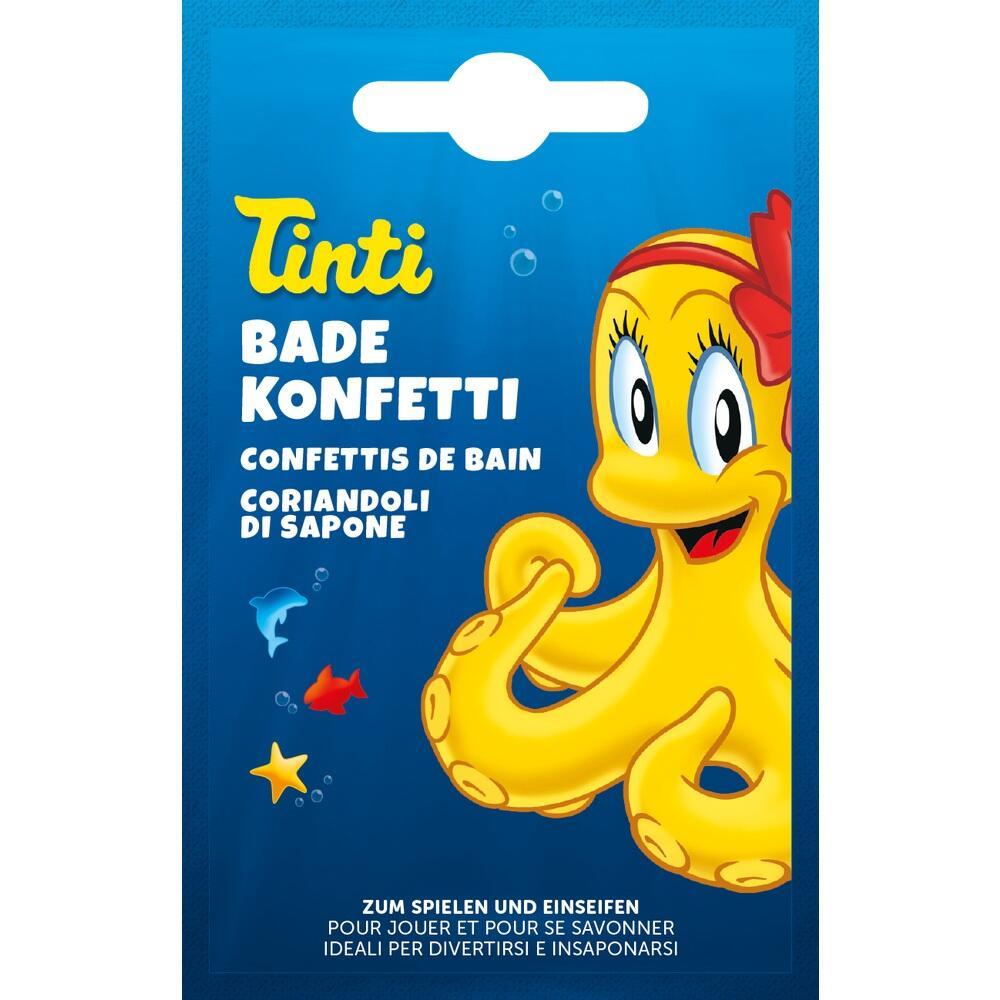 Ein fröhlicher gelber Tintenfisch auf einer Verpackung mit Badekonfetti.