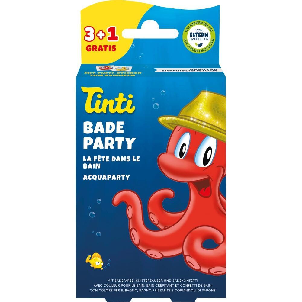 Eine fröhliche rote Krake mit gelbem Hut ist auf einer Badeparty-Verpackung abgebildet.