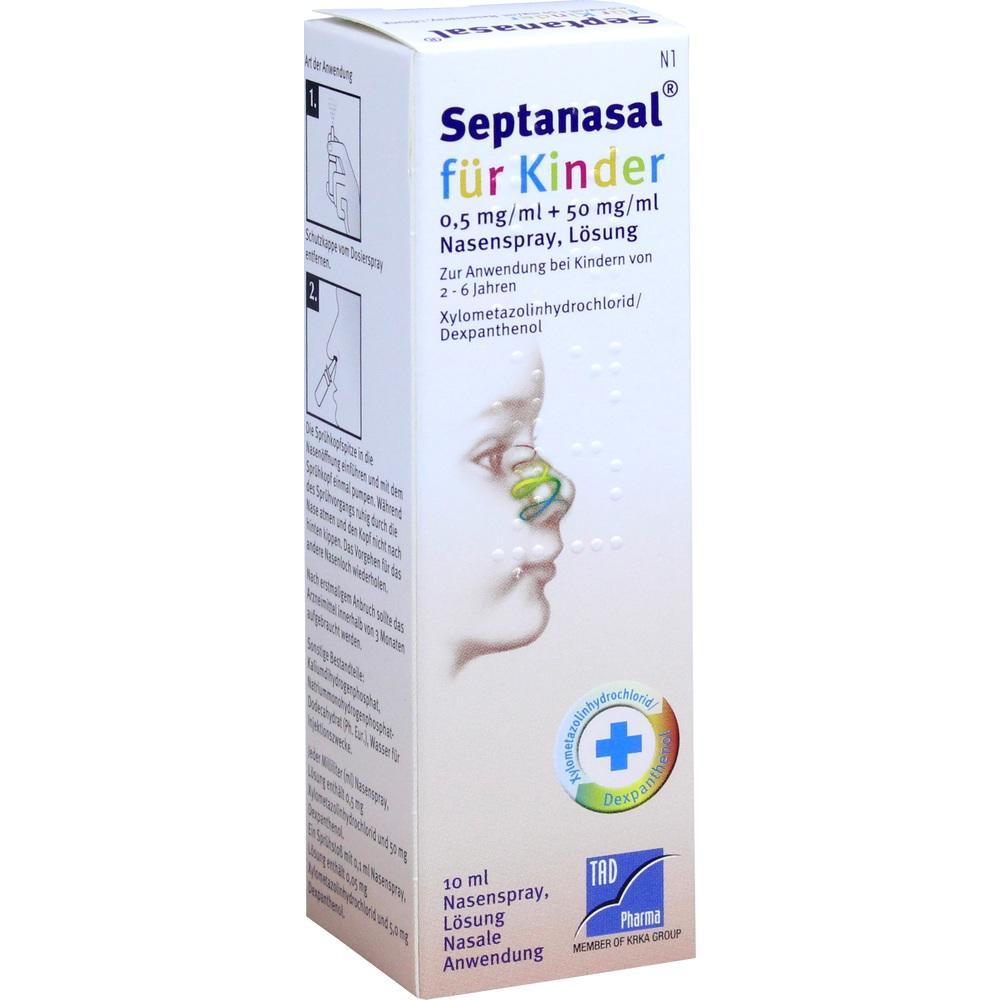 Verpackung von Septanasa Nasenspray f&uuml;r Kinder, mit Anwendungshinweisen.